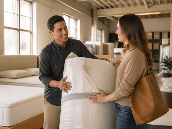 Client satisfait recevant livraison gratuite dans magasin lumineux, conseiller aidant