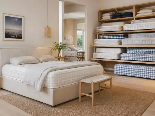 Ambiance showroom literie avec assortiment et lumière naturelle apaisante