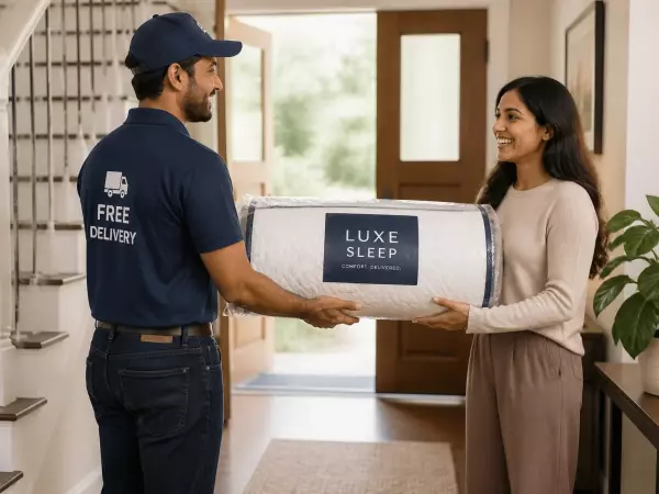 Livraison d’un matelas dans un foyer propre, client souriant