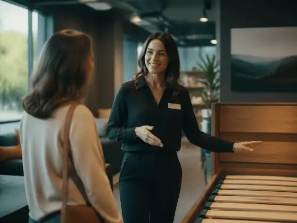 Vendeur aidant un client dans une boutique de literie, lumière naturelle, ambiance chaleureuse