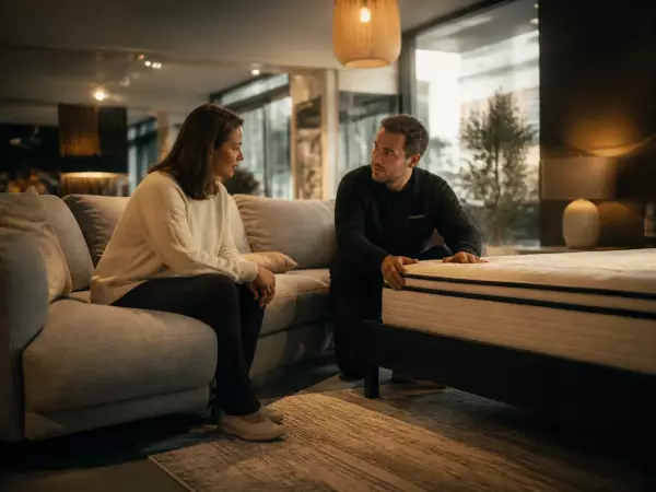 Client serein recevant aide pour reprise literie dans showroom