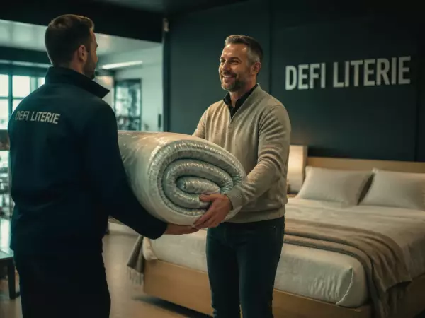 Échange literie: ancien matelas vs nouveau matelas présentés dans showroom
