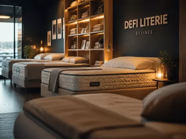 Intérieur showroom literie, textures et lumière chaleureuse