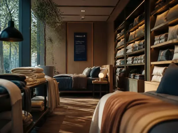 Ambiance du showroom literie avec étagères en bois et lumière naturelle